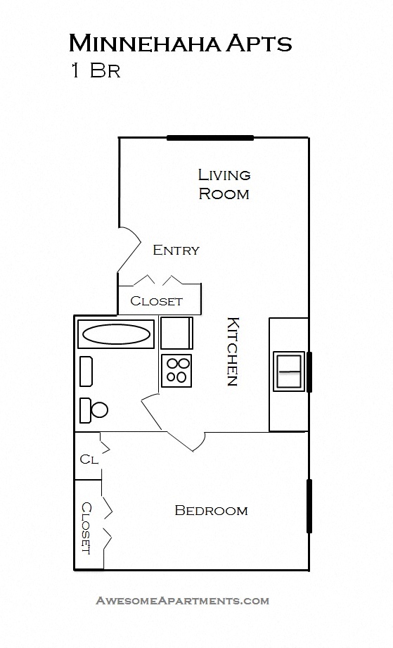 Floor plan for 1 bed, 1 bath, 500 sqft